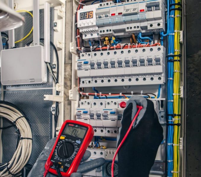 Man, an electrical technician working in a switchboard with fuses. Installation and connection of electrical equipment. Professional uses a tablet.