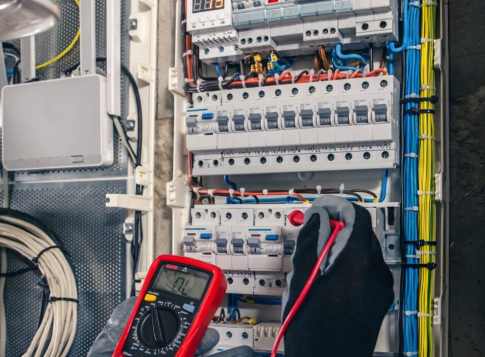 Man, an electrical technician working in a switchboard with fuses. Installation and connection of electrical equipment. Professional uses a tablet.